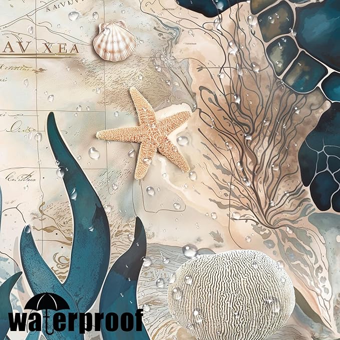 84 Inch Extra Long Nautical Sea Turtle Shower Curtain Vintage Ocean Teal Blue Turtles Seashell Starfish Shower Curtains for Bathroom 3D Retro Map Beach Coastal Waterproof Fabric Bath Curtain Decor
