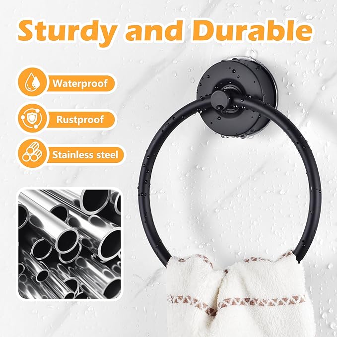 YOHOM Suction Cup Towel Ring Hand Towel Holder for Bathroom Vacuum Suction Washcloth Holder Dish Towel Hanger for Shower Wall No Drill Stainless Steel Matte Black, 1 PCS