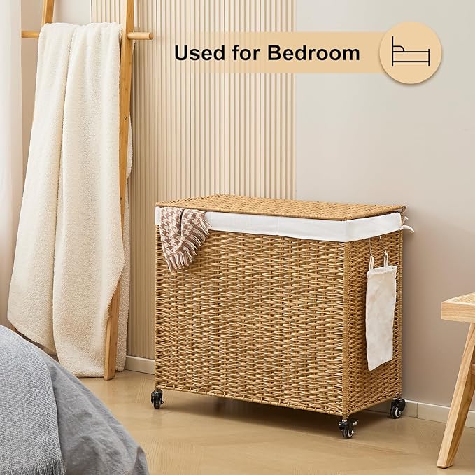Handwoven Hamper with Lid, Laundry Basket with Wheels, Machine Washable Liner, 3 Section Clothes Hamper for Bathroom Laundry Room Bedroom, Rattan, 165L