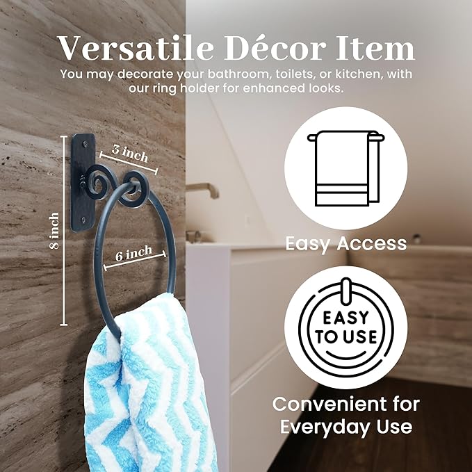 The Metal Magician Round Hand Towel Holder for Bathroom Wall - Kitchen Towel Ring - Aesthetic Design & Heavy Duty Durability - (Spiral Suspension) - (Black)