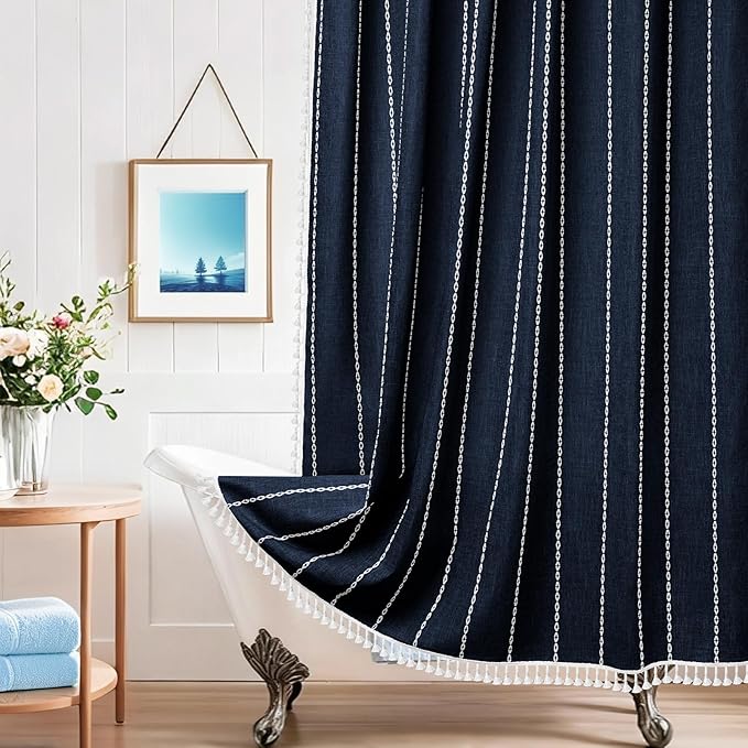 72 x 76 inch Extra Long Boho Chic Shower Curtain Heavyweight with Tassels, Navy Linen Textured Fabric Farmhouse Shower Curtain, Elegant White Striped Bathroom Curtain Water Repellent