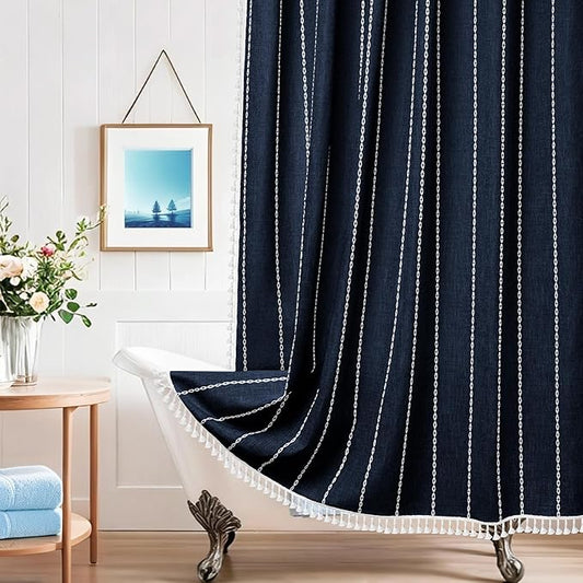 72 x 76 inch Extra Long Boho Chic Shower Curtain Heavyweight with Tassels, Navy Linen Textured Fabric Farmhouse Shower Curtain, Elegant White Striped Bathroom Curtain Water Repellent