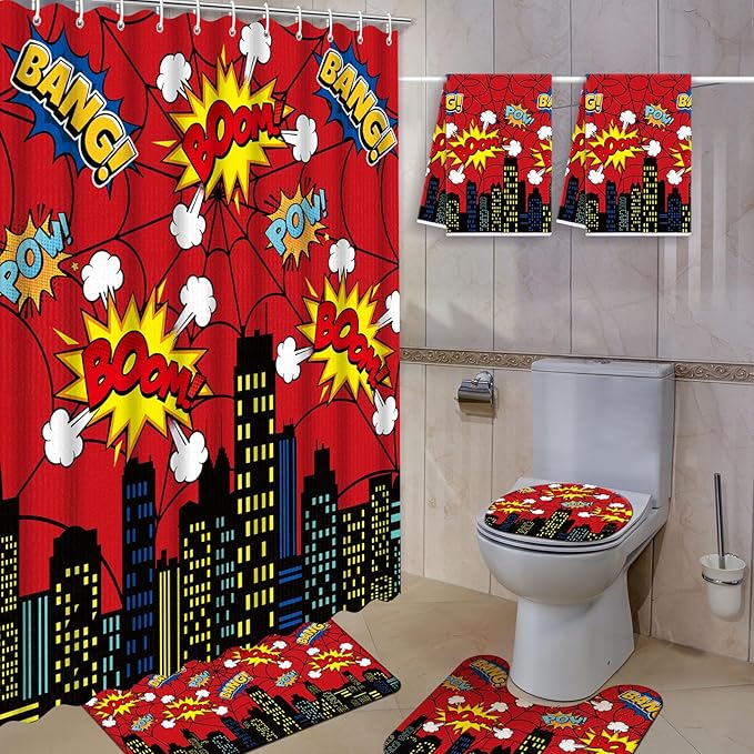 Nuanchu 6 Pcs Hero Themed Shower Curtain Set with Rug Bathroom Sets with Shower Curtain Bath Mat U Shaped Mat Toilet Lid Cover 2 Bath Towels and 12 Hooks Red Hero Themed Bathroom Decor