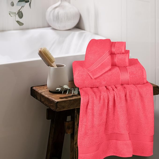 Elvana Home Ultra Soft 6 Pack Cotton Towel Set, Contains 2 Bath Towels 28x55 inch, 2 Hand Towels 16x24 inch & 2 Wash Coths 12x12 inch, Ideal for Everyday use, Compact & Lightweight - Coral Orange
