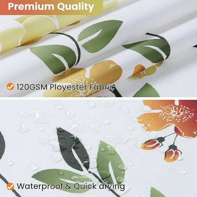 Extra Long Fabric Shower Curtain, Yellow Orange Green Floral Flower Shower Curtains for Bathroom, Waterproof Bathroom Curtains, 72" W x 84" H