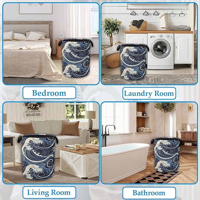 Vintage Sea Waves Large Storage Basket Collapsible Laundry Basket Oxford Storage Bin for Toy Bins Gift Baskets Bedroom Clothes Children Nursery Hamper 16" X 20.8"