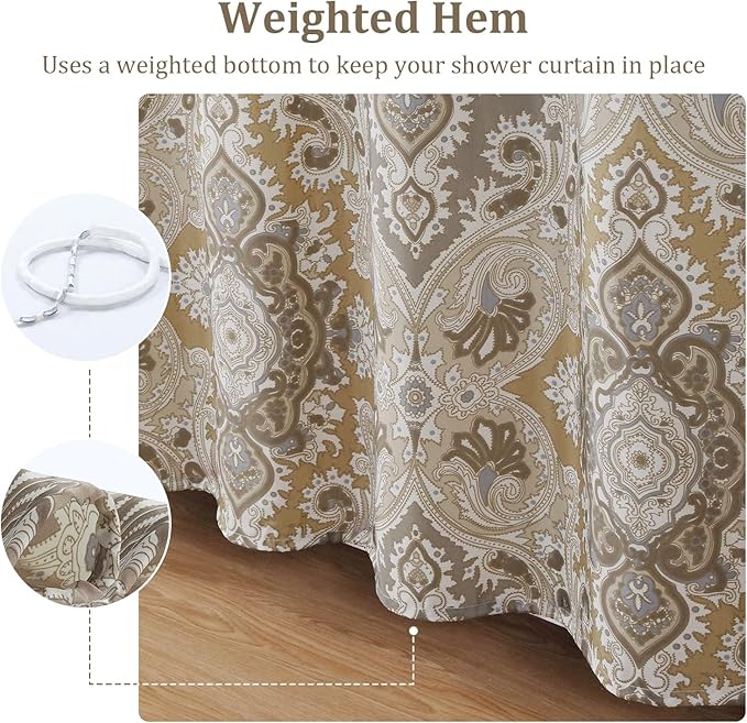 Waterproof Fabric Shower Curtain, Beige Grey Boho Paisley Damask Print Bathroom Curtain, 72" W x 72" H