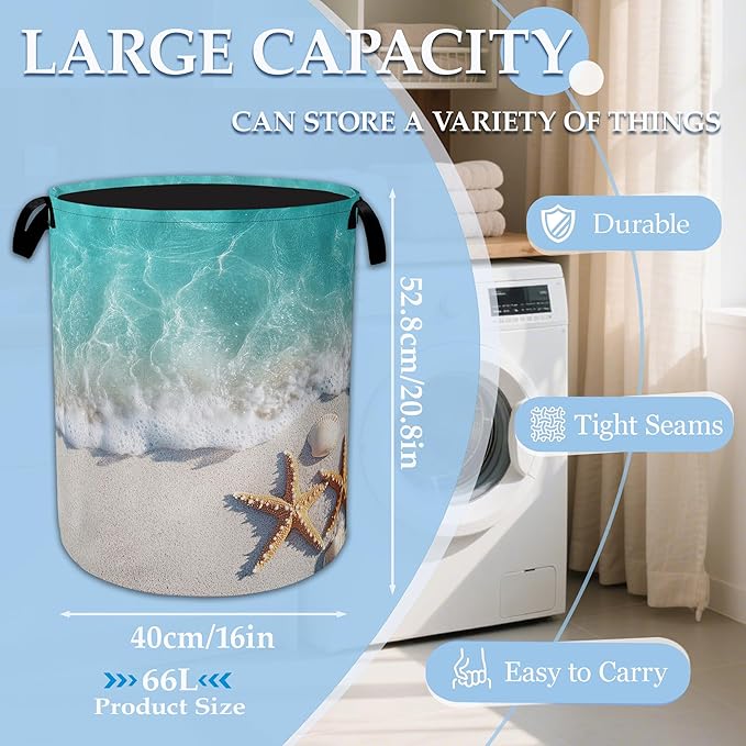 Sea Beach Starfish Laundry Basket Collapsible Laundry Hamper, Oxford Cloth Storage Bin for Room/Bathroom/Bedroom/Dormitories 16" X 20.8"