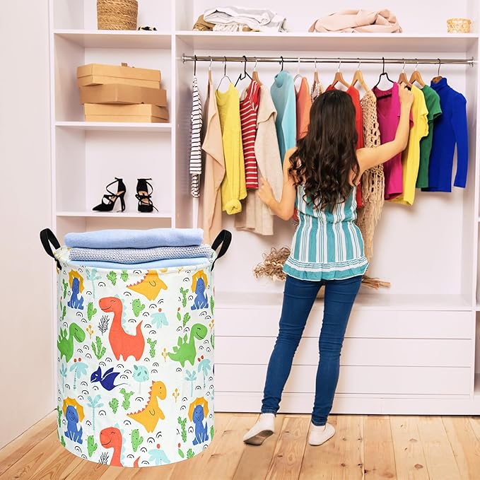 KUNRO Round Laundry Gift Basket Storage Hamper, Clothes Storage Organizer Bins, Shelf Basket with Handles for Room Decor
