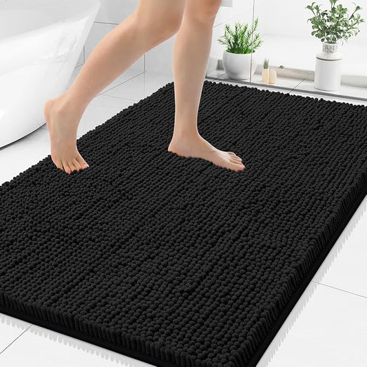 Smiry Luxury Chenille Bathroom Rugs 40x32, Extra Soft and Absorbent Shaggy Bath Mat, Machine Washable, Non-Slip Plush Carpet Runner for Tub, Shower, and Floor, Home Decor Accessories, Black