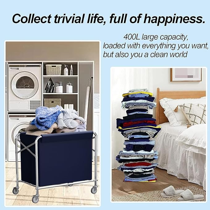 Commercial Laundry Cart with Wheels Heavy Duty Collapsible Laundry Cart, 12 Bushel Industrial Rolling Baskets Trucks with Steel Frame and Waterproof Oxford Cloth, for Home Organizer Storage