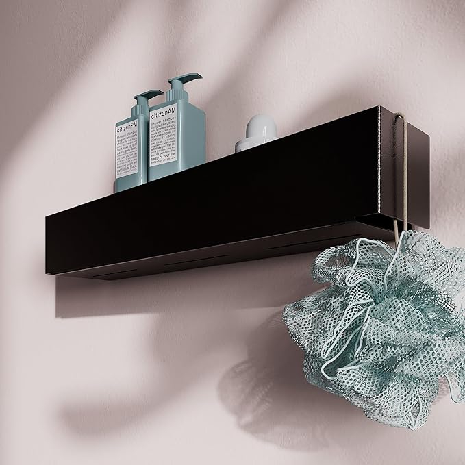 Modern Black Metal Floating Shelf for Bathroom & Kitchen – 20" Minimalist Wall Shelf with Powder-Coated Finish, No-Drill or Screw Mount, European-Made Stylish Organizer for Tiles & Walls