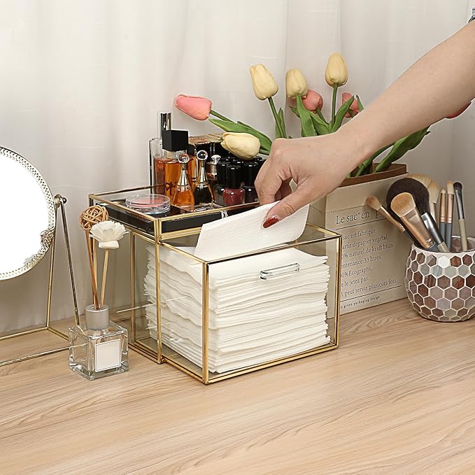 Sumnacon Disposable Face Towel Holder Glass Face Towel Storage Box with Drawer Compatible with Clean Skin Cluub Clean XL Makeup Box Organizer for Bathroom,Vanity Countertop