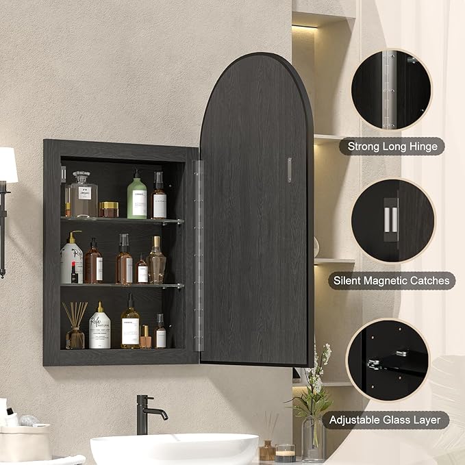Recessed Medicine Cabinet for Bathroom,Brushed Black Arched Medicine Cabinet with Mirror,Arch Mirrored Medicine Cabinets Recessed,Bathroom Mirror with Storage,Open from Left to Right 16x26