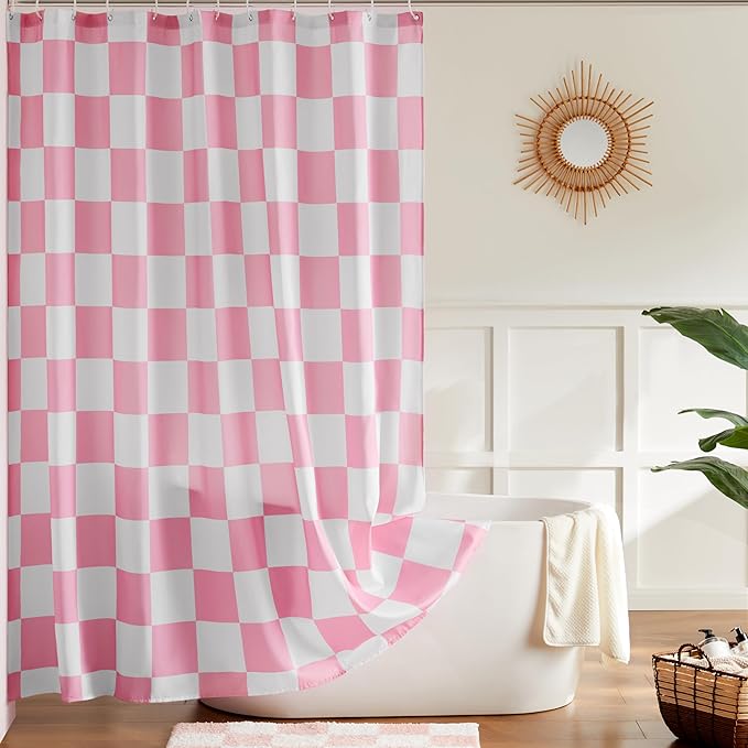 Checkered Shower Curtain, Pink Shower Curtains for Bathroom, Cute Retro Checkboard Shower Curtain Vintage Aesthetic, Washable Fabric Bath Curtain 72''x72''