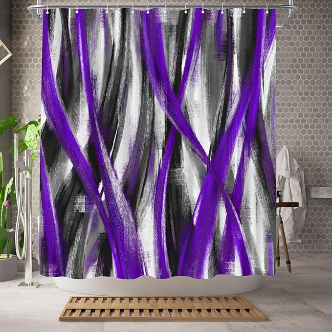 WELMECO Geometric Shower Curtain Modern Abstract Shower Curtain Bathroom Decor Polyester Fabric, 72x72inch (Purple and Grey)