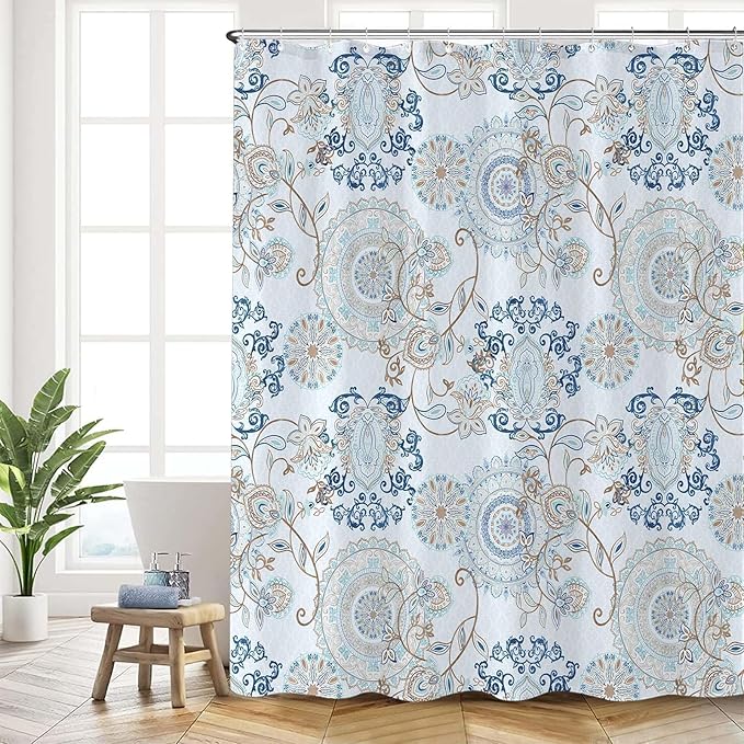Neasow Light Blue and Navy Paisley Shower Curtain, Cool Teal Design Floral Bathroom Curtain Shower Curtains 72×72 inches