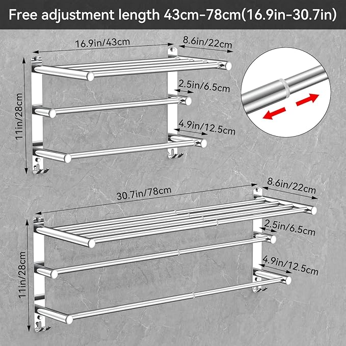 CAXIMSY Adjustable Towel Bar for Bathroom Wall Mount17-30.7inch Adhesive Shower Towel Rack Stainless Steel Bath Towel Holders for Toilet Kitchen Double Towel Hanger (3-Layer Towel Rack)