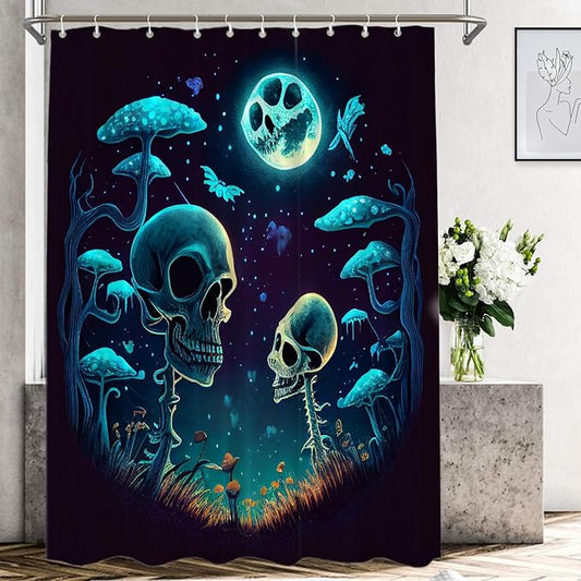 Shrahala Happy Halloween Funny Decorative Shower Curtain, Skeletons Grass Mushrooms Starry Sky Bathroom Décor Polyester Fiber Waterproof with Plastic Rings for Shower Stall Bathtubs 72 x 60 in