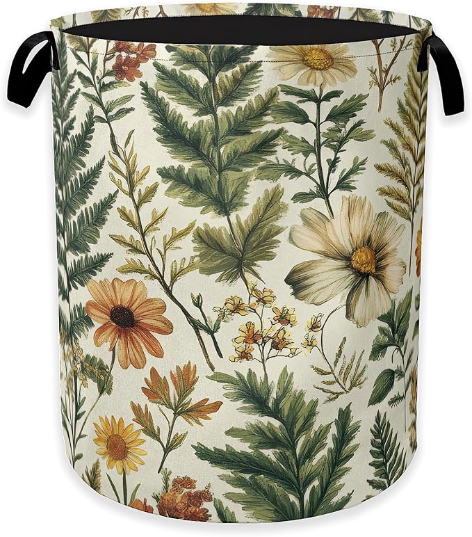 Laundry Hamper,Green Herb Leaf Laundry Basket,Farmhouse Wildflower Portable Collapsible Laundry Room Organization Storage for Dorm Room,Nursery,Bathroom,Bedroom,16x20 Inch