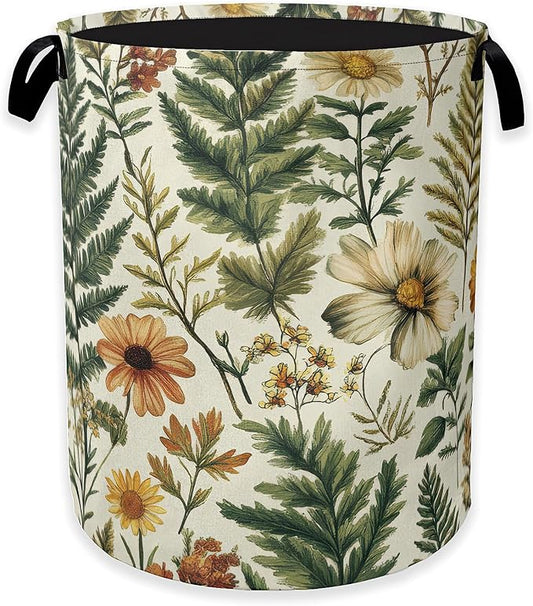Laundry Hamper,Green Herb Leaf Laundry Basket,Farmhouse Wildflower Portable Collapsible Laundry Room Organization Storage for Dorm Room,Nursery,Bathroom,Bedroom,16x20 Inch