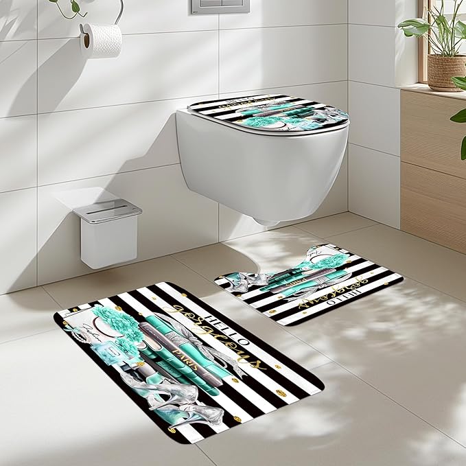 Cinbloo 4Pcs Black and Teal Shower Curtain Set,Modern High Heels Striped Magazine Book Bathroom Curtain with Rug, Toilet Lid Cover, Bath Mat,Floral Flower Perfume Shower Curtain with 12 Hooks