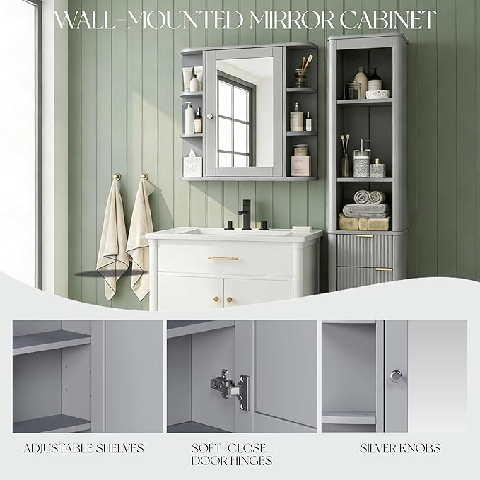 Merax Bathroom Wall Storage Cabinet with Mirror, 26 Inch Medicine Cabinet with Mirror Doors & Adjustable Wood Shelf, Space-Saving Modern Mounted Storage Cabinets with 6 Open Shelves, Gray