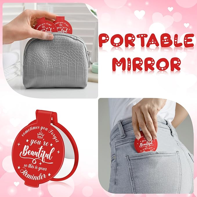 18 Pcs 2.76 Inch Inspirational Compact Mirror Bulk Women Small Gifts Graduation Party Favors Purse Mirror Pocket Mini Stuffer Items for Adult Coworker Cheerleader Employee (Red)