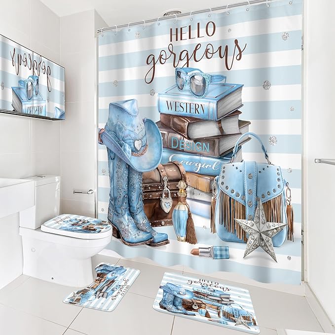 Cinbloo 4Pcs White Blue Brown Shower Curtain Set, Western Cowgirl Fashion Diamond Boots Striped Hats Bathroom Curtain with Rug, Toilet Lid Cover, Bath Mat, Women Girls Shower Curtain with 12 Hooks