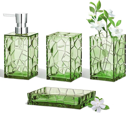 HBlife Bathroom Accessories Set, Sage Green Acrylic Bathroom Counter Set with Toothbrush Holder, Soap Dispenser, Tumbler, Soap Dish, Boho Modern Bathroom Accessories Decor, Ideal Gift Choice