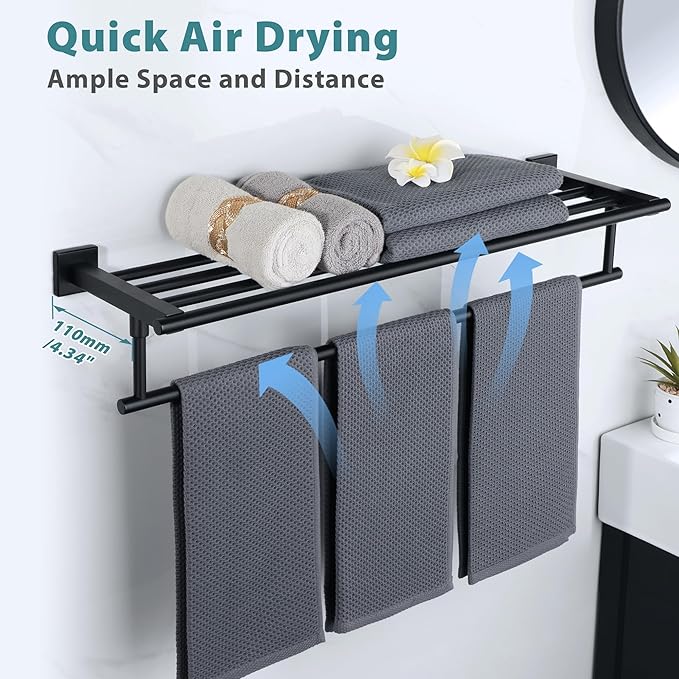 Alise 28 Inch Towel Racks for Bathroom Wall Mounted,Bathroom Towel Rack with Tower Bar,Double Towel Racks for Bathroom,SUS304 Stainless Steel Bathroom Towel Holder Matte Black