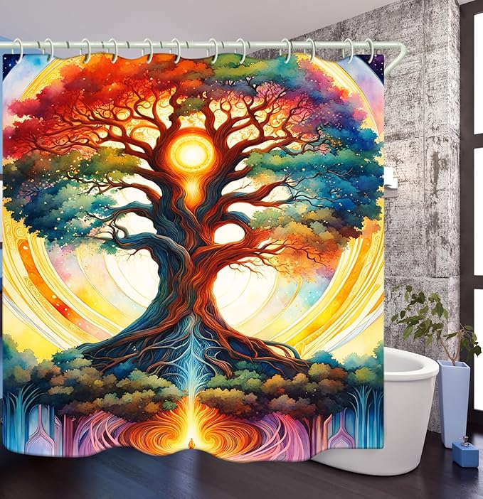 Shower Curtains, with The Theme of The Tree of Life and Bright Colors, Brings A Unique Artistic Atmosphere to The Bathroom. 72x79 Inch Fabric Shower Curtain Comes with 12 Hooks.