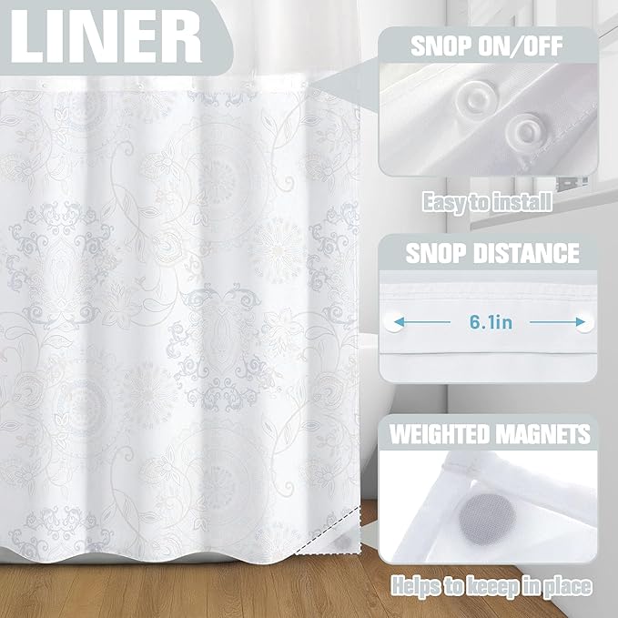 Neasow No Hook Shower Curtain with Snap in Liner, Light Blue and Navy Paisley Floral Curtains with Waterproof Inner Liner for Bathroom, Cool Teal 72×74 inches