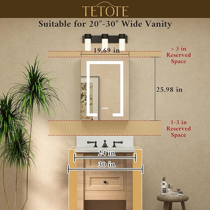 TETOTE LED Lighted Medicine Cabinet Mirror for Bathroom 20 x 26 Tempered Glass Recessed or Wall Mounted Cabinet with Storage & Outlets & USB, 3-Color Dimming Led Lights, Defogger, Adjustable Shelve
