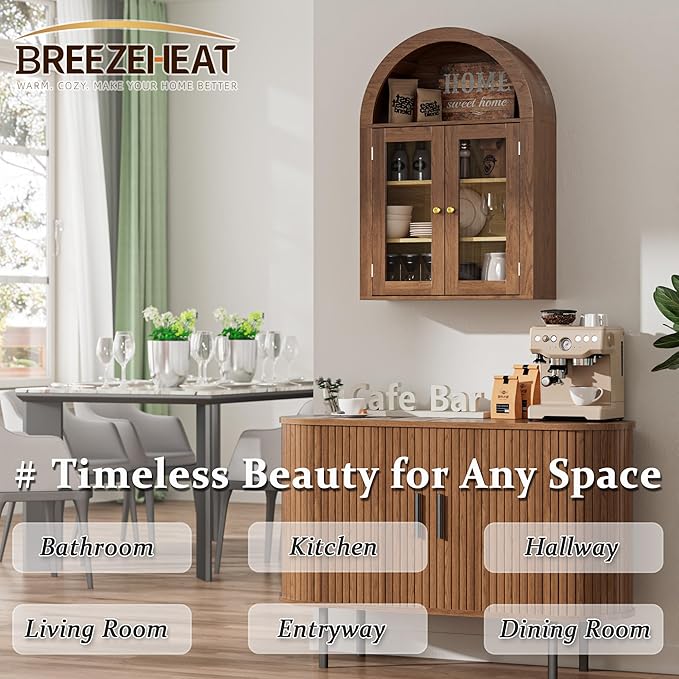 BREEZEHEAT Arched Medicine Cabinet with Glass Doors, Adjustable Shelf, Wall Mounted Bathroom Storage Cabinet Over Toilet, Walnut Wood Grain, 23.6''W × 31.5''H