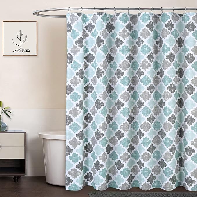 CAROMIO Fabric Shower Curtain, Geometric Quatrefoil Patterned Modern Poly-Cotton Farmhouse Shower Curtain for Bathroom, Aqua/Mint/Grey, 72x78 Inches