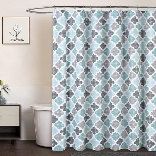 CAROMIO Fabric Shower Curtain, Geometric Quatrefoil Patterned Modern Poly-Cotton Farmhouse Shower Curtain for Bathroom, Aqua/Mint/Grey, 72x78 Inches