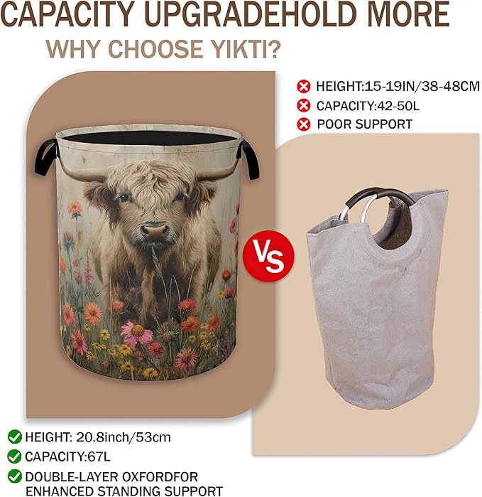 Highland Cow Laundry Hamper,Watercolor Spring Flower Clothes Hamper for Laundry,Waterproof Oxford Toy Storage Collapsible Hampers for Bedroom, Dorm Room,Bathroom,16x20 Inch
