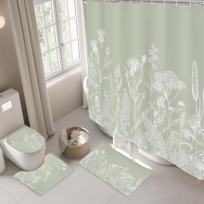 Riyidecor Sage Green Floral Wildflower 4Pcs Bathroom Shower Curtain Sets Vintage Botanical Leaves Bathroom Decor Set with Rugs and Accessories Rustic Toilet Lid Rug, Contour and Bath Mat with 12 Hooks
