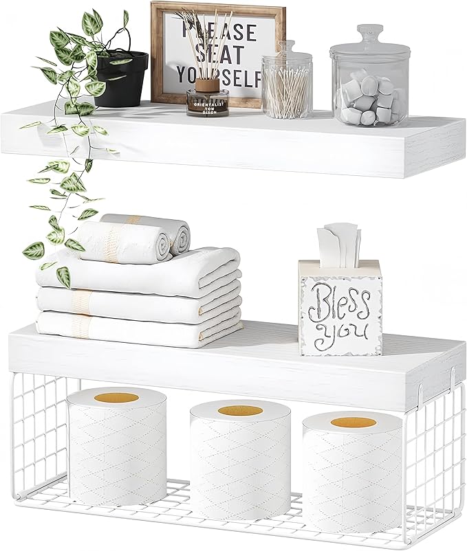Bathroom Shelves Over Toilet - Heavy Duty Storage Rack, 25+ lbs Weight Capacity, Minimalist Design Wall Mounted Floating Shelves Toilet Paper Storage Farmhouse Decor Shelf 16 inch (White, General, 2)