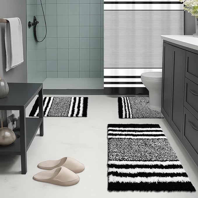 Britimes Black Stripes Bathroom Sets with Shower Curtain and Rugs, Ombre Minimalist Modern Striped Waterproof Shower Curtain Liner and Soft Non Slip Bath Mat for Bathroom Decor and Accessories Hooks