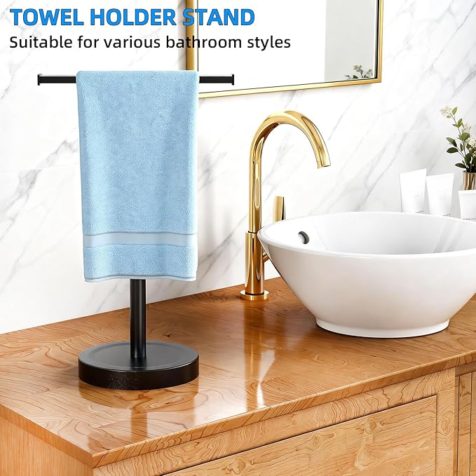 Hand Towel Stand, Stainless Steel Hand Towel Holder Rack for Bathroom Countertop, 16.5Inch Adjustable Retractable T-Shape Free Standing Hand Towel Rack for Bathroom Kitchen Countertop, Matte Black