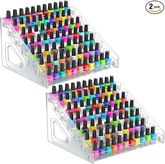 2 Pack 7 Tier Oil Nail Polish Display Rack Sunglass Essential Nail Polish Organizers Acrylic Makeup Oils Ink Storage 84 Bottles Nails Polishs Large Capacity No Tool Needed Assembly Clear