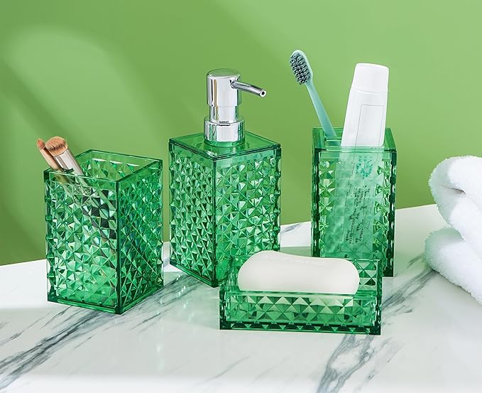 Bathroom Accessory Set, 4 PCS Green Bathroom Accessories Sets, Diamond Pattern Bathroom Soap Dispenser and Toothbrush Holder Sets Accessories Contain Soap Dish Tumbler, Boho Bathroom D??cor