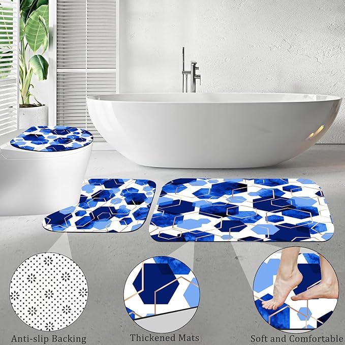 Muuyi 4Pcs Blue White Geometric Shower Curtain Set, Neutral Modern Art Deco Shower Curtain with Hooks, Elegant Trendy Simple Bathroom Sets with Shower Curtain and Rugs, 71 * 71in