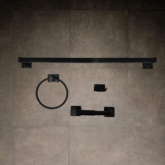 SENTO Cellar Classic Bathroom Accessories Set, Heavy Duty Metal Bath Hardware Set Wall Mounted, Includes Robe Hook, Standard Toilet Paper Holder, Towel Ring, 24” Towel Bar (4-Piece, Matte Black)