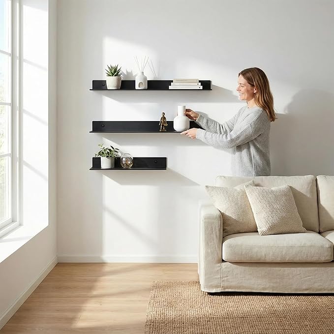 Z metnal Bathroom Shelf, Small Floating Wall Shelves, Decorative Ledge Shelf, Aluminum, Wall Mounted, Matt Black, 20/16/12 inch, 3 Set