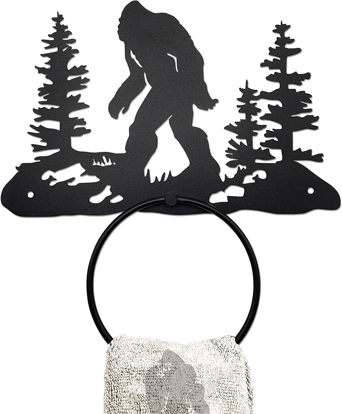 Bigfoot Sasquatch Metal Towel Holder - Rustic Towel Ring - Rustic Cabin, Lodge, Mountain Art Decor - Bigfoot Sasquatch Gift (Mat Black)