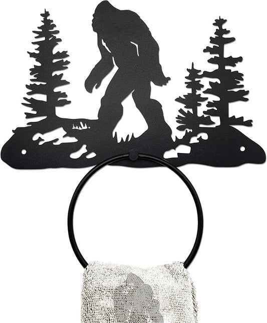 Bigfoot Sasquatch Metal Towel Holder - Rustic Towel Ring - Rustic Cabin, Lodge, Mountain Art Decor - Bigfoot Sasquatch Gift (Mat Black)