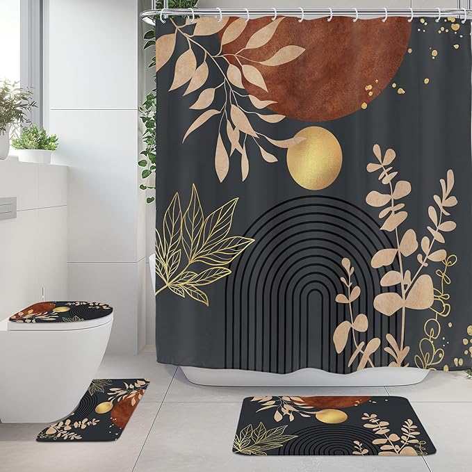 Riyidecor Mid Century Boho 4Pcs Bathroom Shower Curtain Sets Abstract Aesthetic Sun Modern Bathroom Decor Set with Rugs and Accessories Minimalist Toilet Lid Rug, Contour and Bath Mat with 12 Hooks